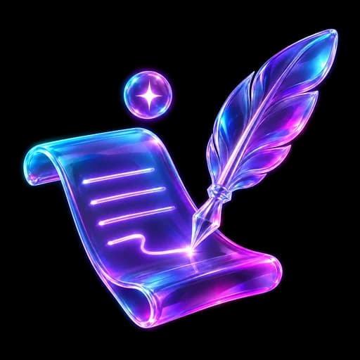 Gläserne Schriftrolle mit Feder, die eine leuchtende Zeile schreibt